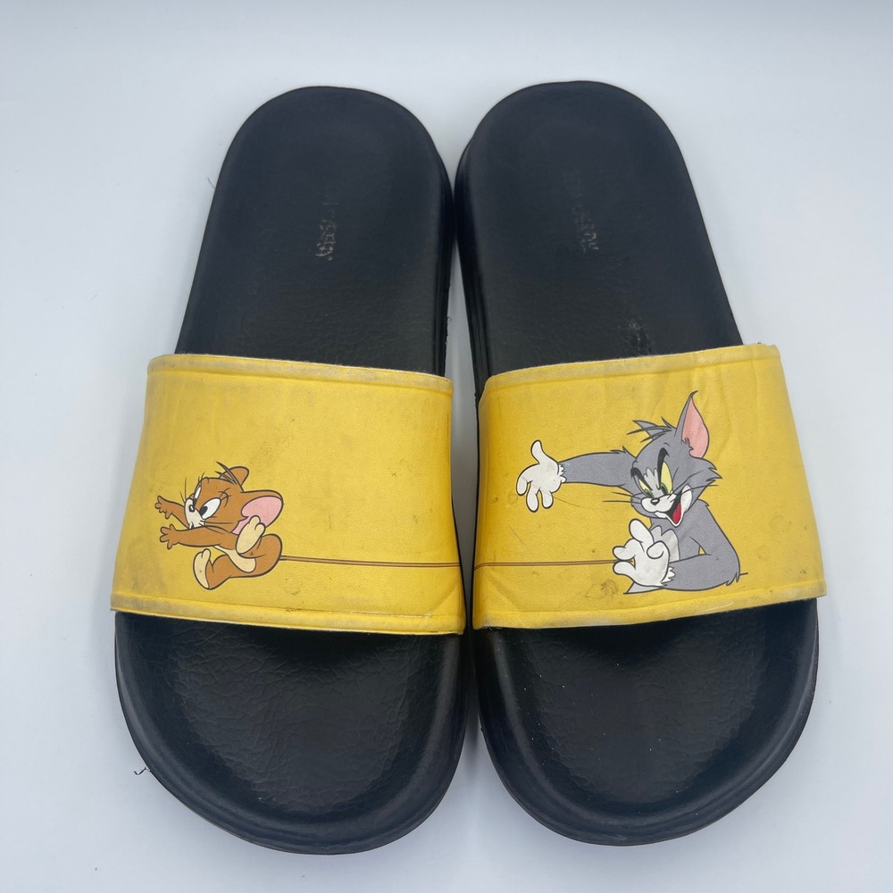 Tom & Jerry Cartoon Slide Sandals Mens Size 10 EU 41 Black Yellow Pool Beach